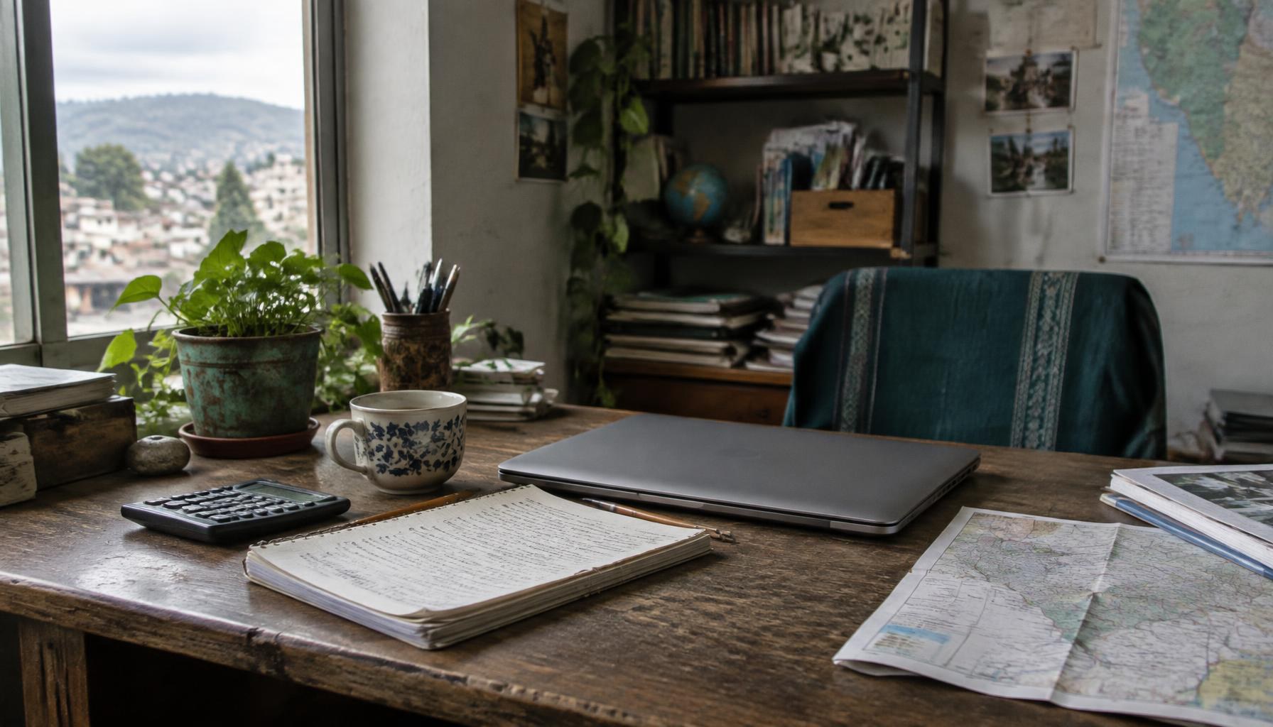 A founder's workspace with a laptop, notebook, map, and coffee in warm morning light